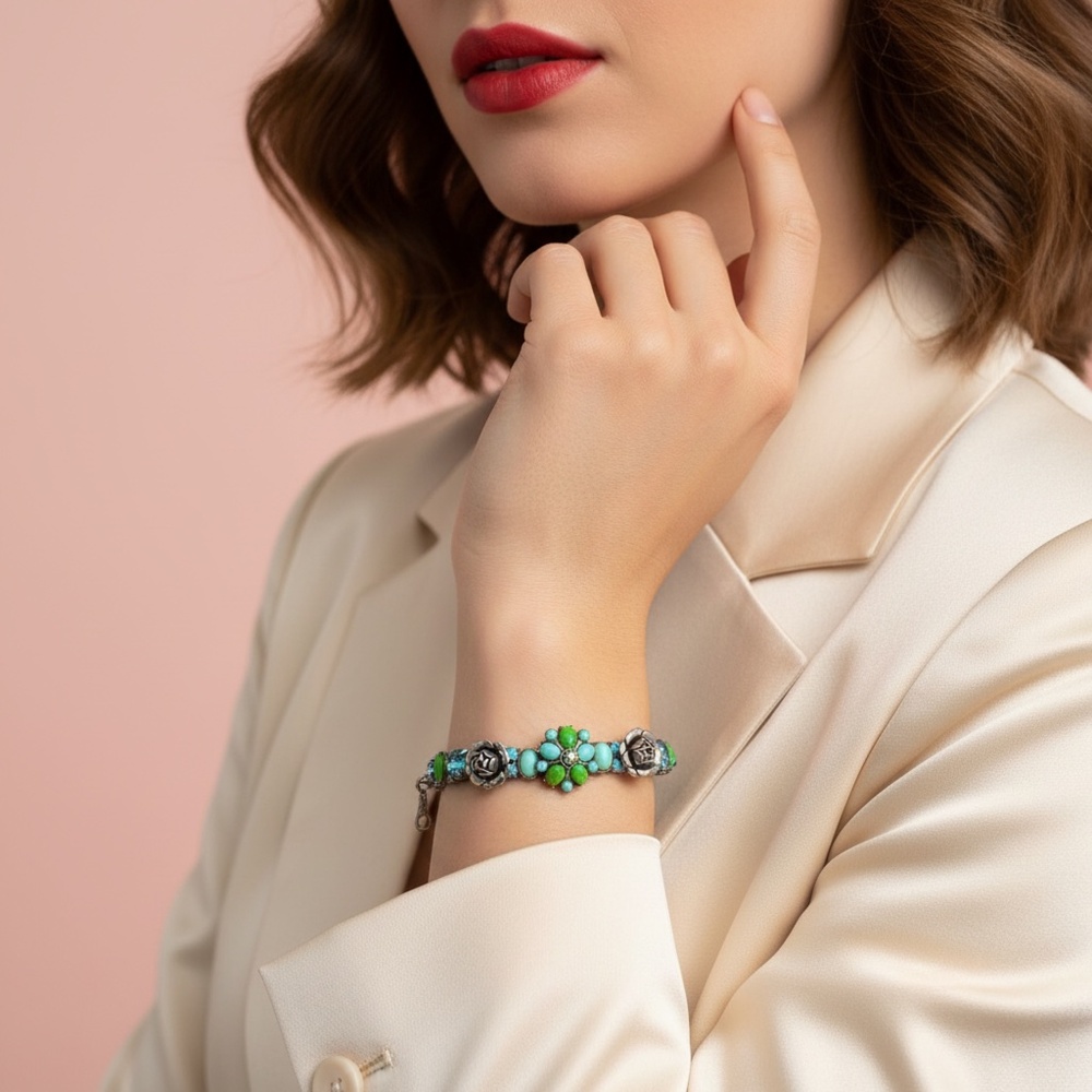 Vintage Mary DeMarco Aqua, Green & Silver Floral Bracelet